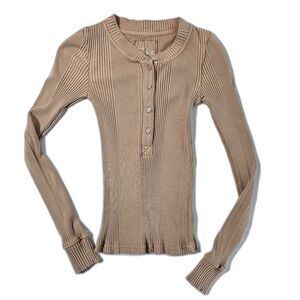 Aerie Ribbed Long-Sleeve Henley Top Button-Front Tan Women's Size XS